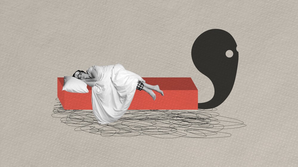 Collage image sketch of tired girl sleeping home nightmare monster in room isolated on drawing background.