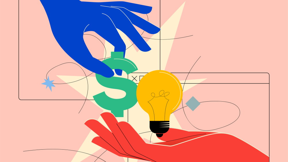 Concept illustration showing two hands exchanging a dollar sign for a lightbulb