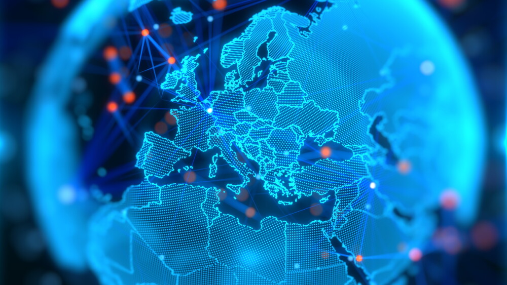 Blue holographic globe with nodes connected around earth. Concept of global network connection, communication technology, fintech, data exchange, worldwide exchange of information and online banking.