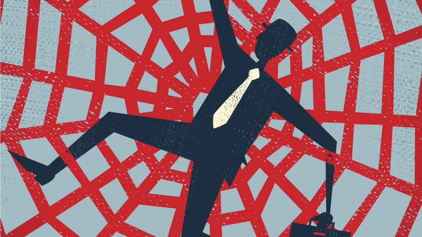 Vector illustration of Retro styled Abstract Businessman caught up in a bureaucratic Spiders Web. Hi-res Jpeg, PNG and PDF files included.