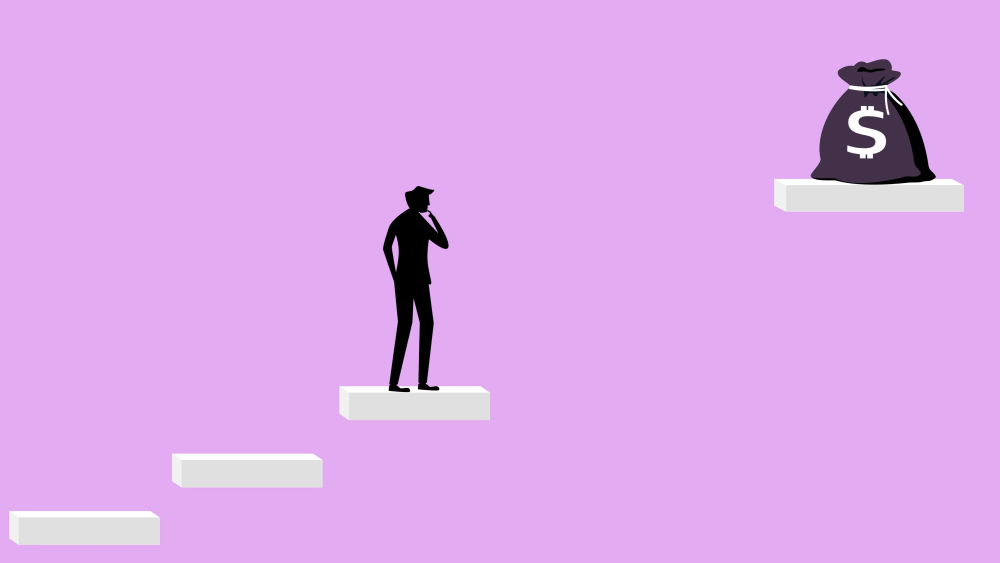 Encountered financial crisis, Businessman stuck in the gap between the stairs and the money bag stock illustration