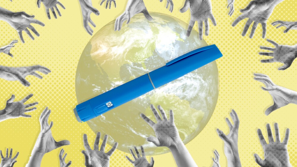 illustration of hands reaching for a semaglutide injector over an image of the Earth