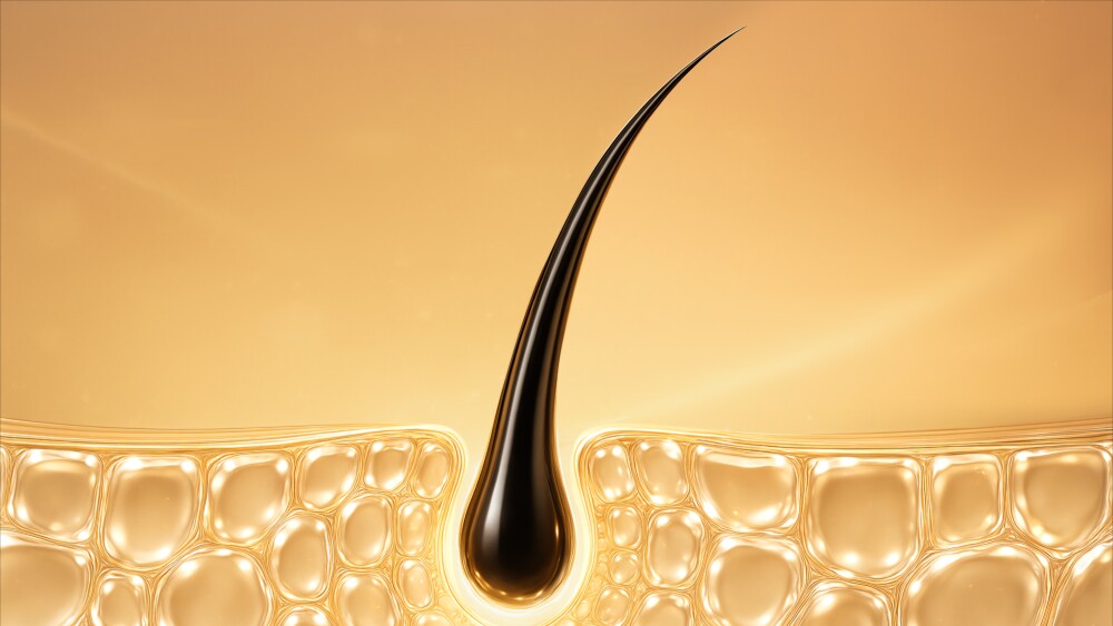 3D illustration of hair root growing from skin cells, symbolizing strength, growth, and nourishment. Perfect for haircare, cosmetic advertising, medical research, and healthcare concepts.