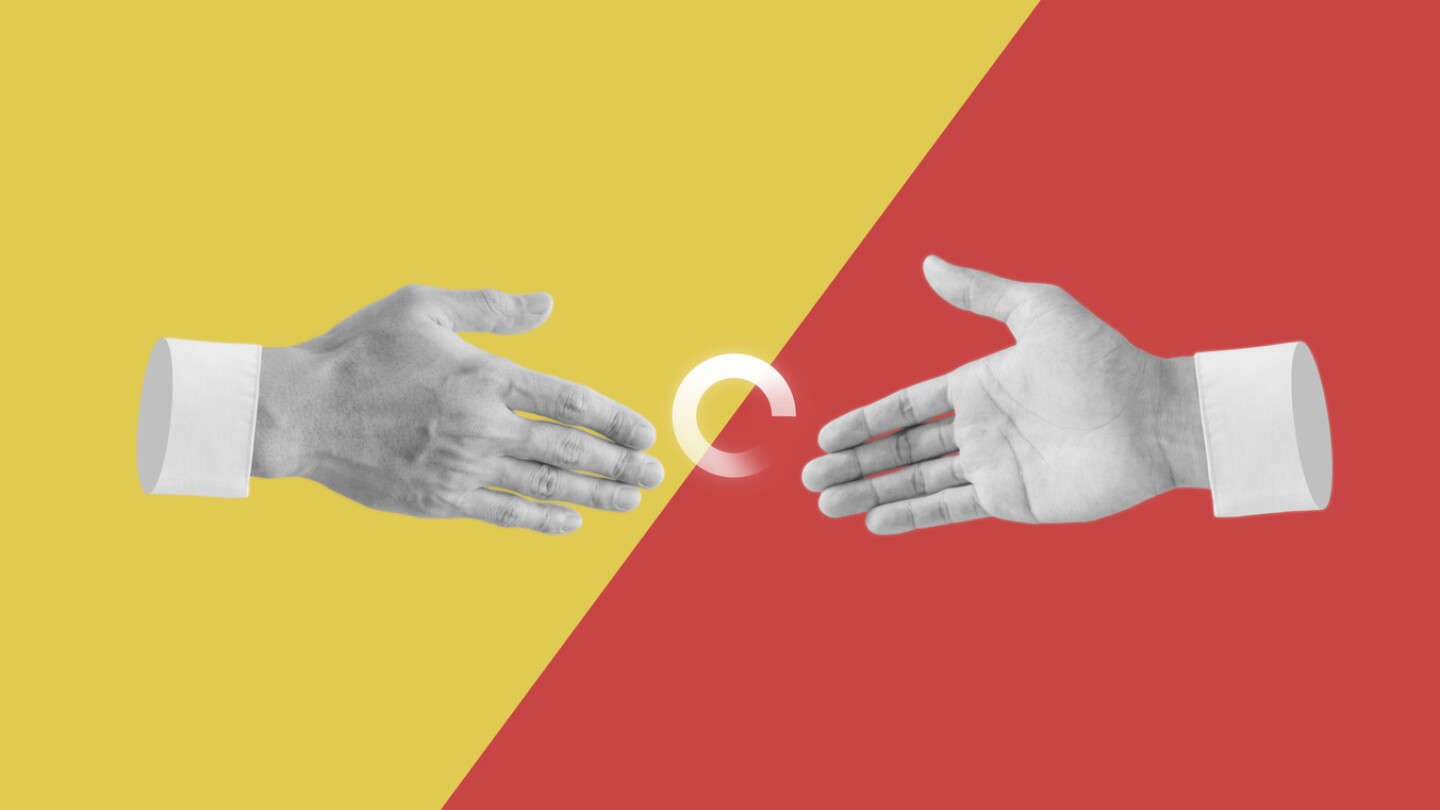 Digital collage modern art. Hands reaching together and shaking, with loading icon