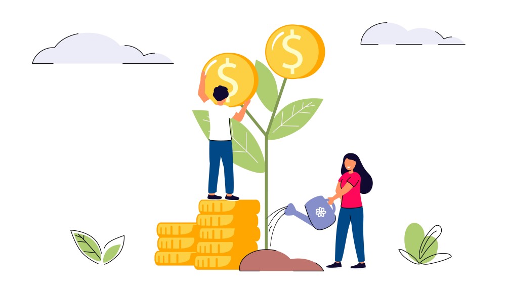Invest in best idea Investment and analysis money cash profits metaphor Flat tiny people and business concept for trading Economical wealth revenue visualized as growing on a tree vector illustration Field of Dreams