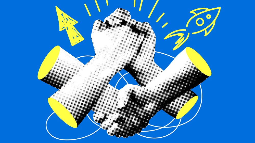 Team building concept. Halftone clasped in a lock. Connection, business collaboration, teamwork. Contemporary collage. Group support. Startup launch. Doodle rocket, arrow. Community power