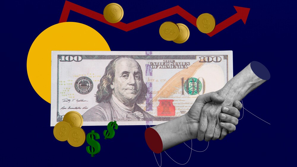 Creative collage picture 3d hands body fragment banknote benjamin franklin hundred dollars deal agreement partnership business stats.