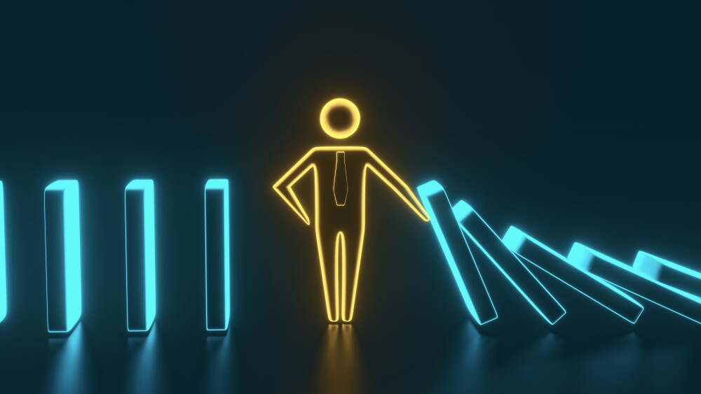 Man figure stopping the domino effect. Executive and risk control concept. 3D rendering