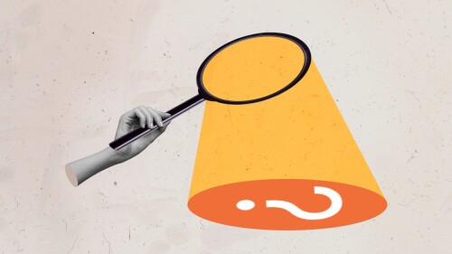 Composite photo collage of hand hold magnifier glass research examine secret object question mark secret isolated on painted background.