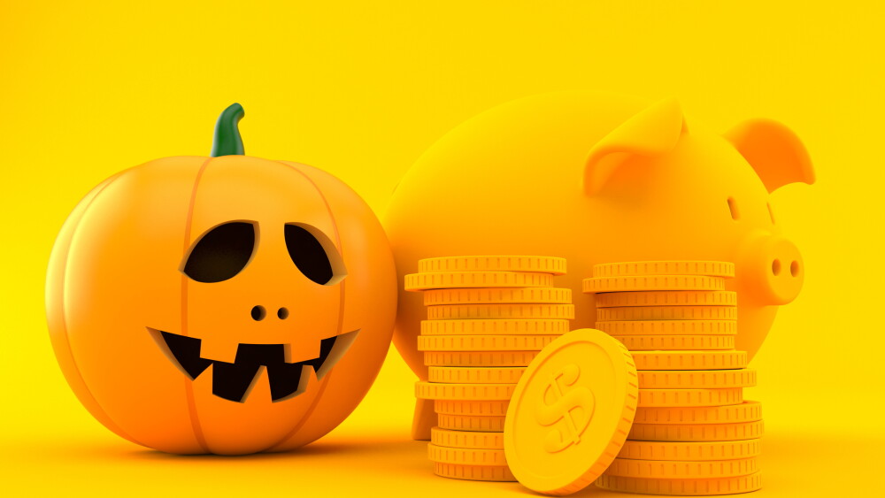 Savings background with jack o'lantern in orange color. 3d illustration