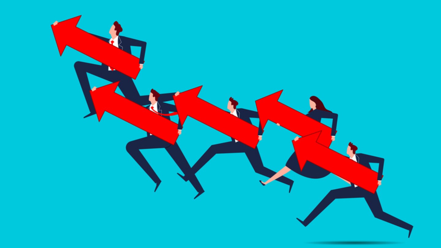 The journey forward, the successful forward progress and advancement of a business or profession, the achievement of success or the attainment of a goal, a group of businessmen running forward with arrows in their hands