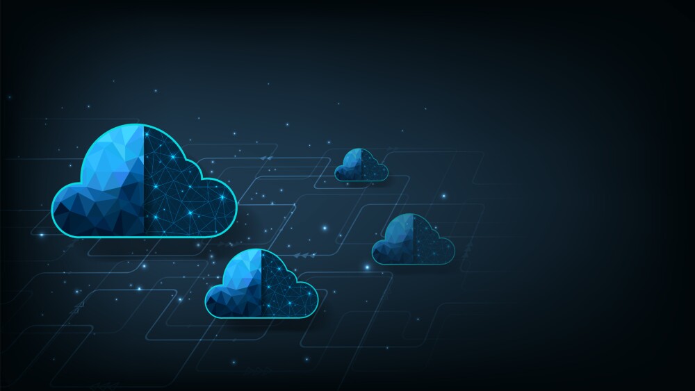 Cloud computing concept design.Cloud storage with data protected exchange Cloud computing, big data center, on dark blue background.Cloud Technology illustration concept.