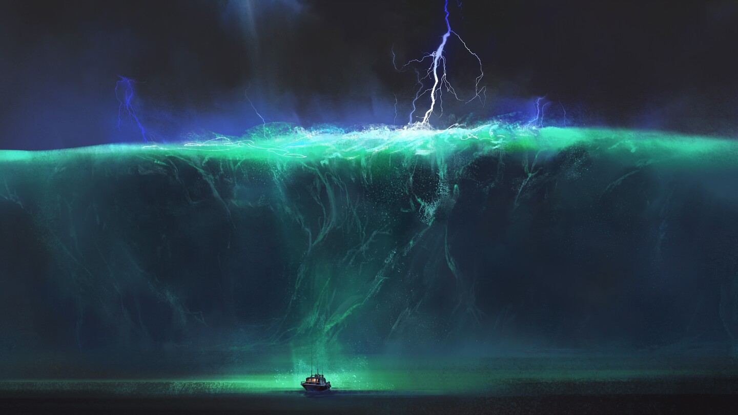 Small boat facing huge ocean waves, fantasy illustration.