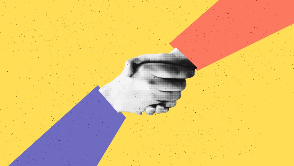 Business handshake trendy halftone art collage banner template. Partnership concept, successful agreement, closing a deal, securing a contract. Modern retro cut out vector illustration