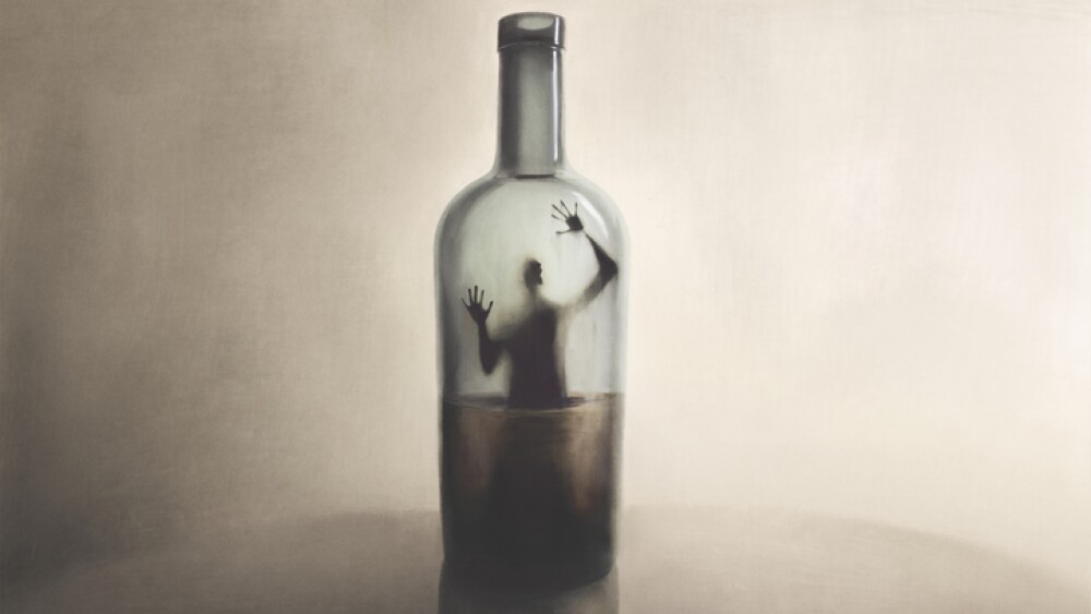 Illustration of man imprisoned in a bottle of alcohol, surreal addiction abstract concept