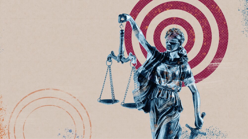 Composite contemporary collage statue of justice themis femida on the background of the target as the concept and idea of justice and law.