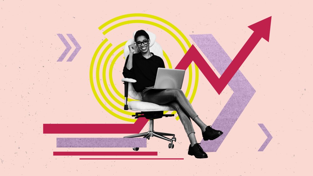 Pop collage poster of person worker use gadget on pastel background with line button arrows up.