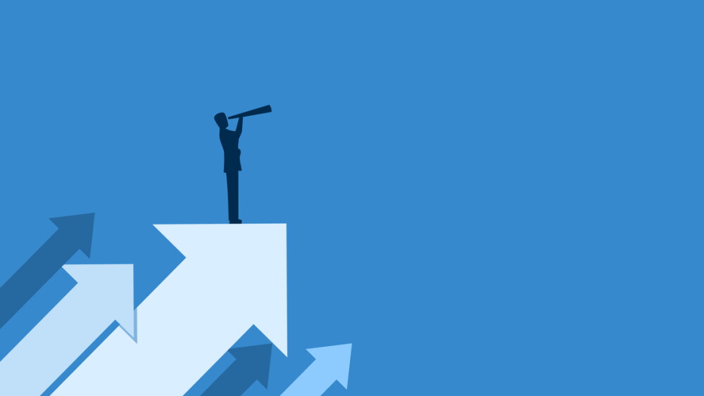 Business Vision, man holding binoculars standing on an arrow up to success