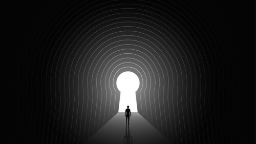 Escape or finding a way or destiny or solving life problems psychologic concept with human silhouette walking through the dark tunnel to the light at the end of the tunnel. Vector eps 10 illustration