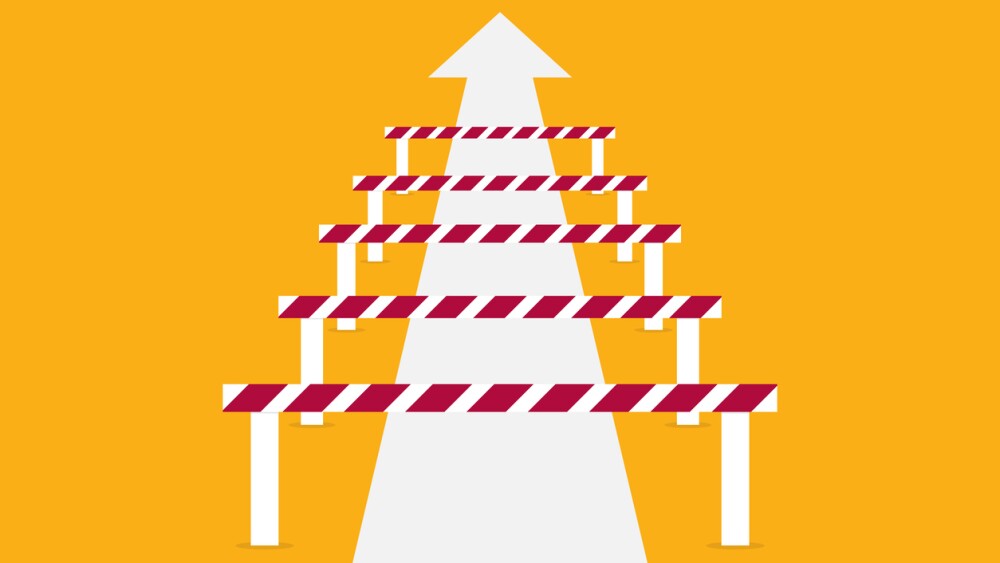 Illustration showing hurdles along a path ending in an arrow