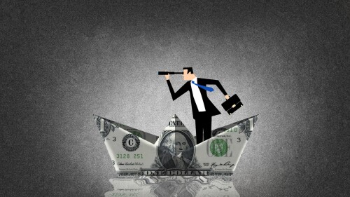 Man inside a boat made with a dollar