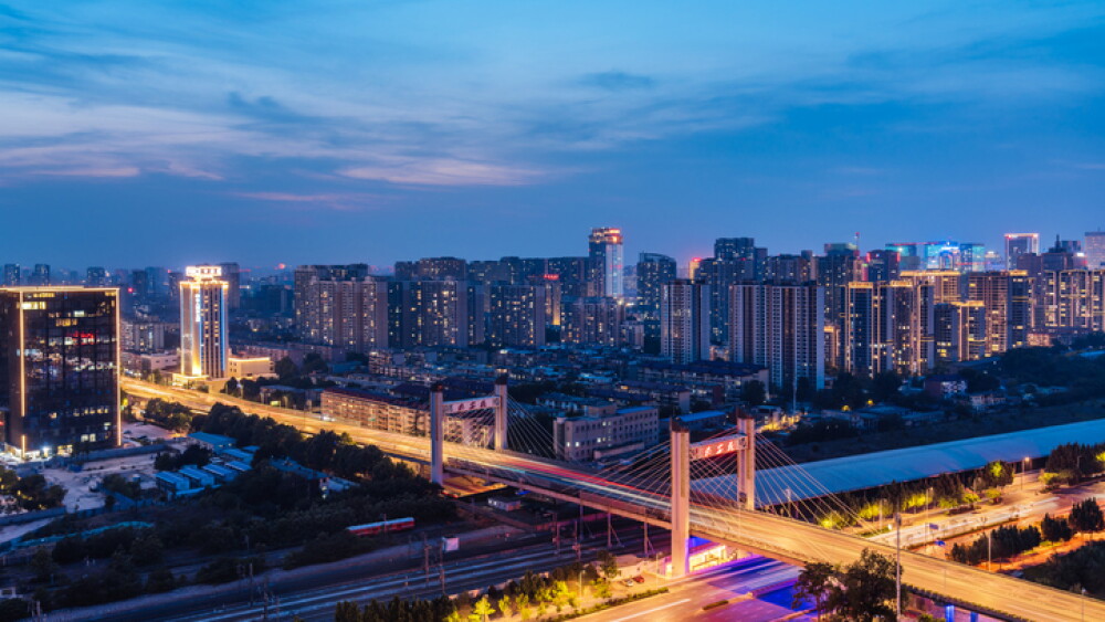 High angle night view of the city skyline at Huaian Bridge in Shijiazhuang, Hebei Province, China