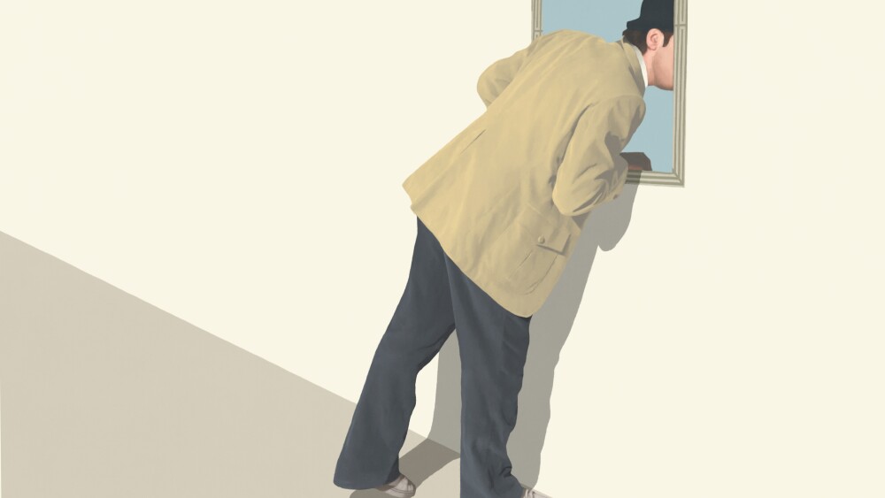 illustration of man entering into a painting, surreal virtual meta verse concept