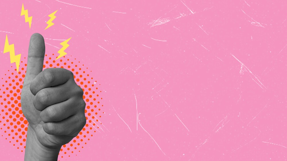 The female hand is showing a thumbs-up gesture on a pink background, in an art collage. Positive hand sign. Fashion collage in the style of thumbs up magazine. Contemporary art. Modern design.