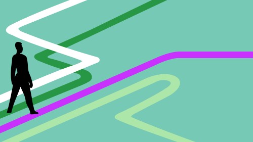 Man making decision what path, direction to take. Arrows pointing in different directions