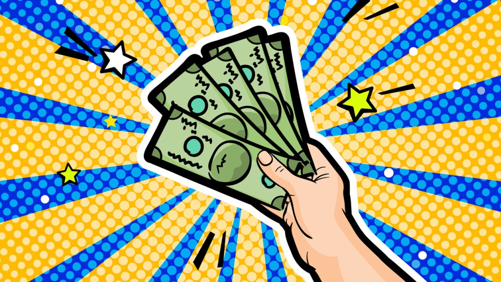 Concept of wealth. Human hand holding dollar money in pop art style. Vector illustration