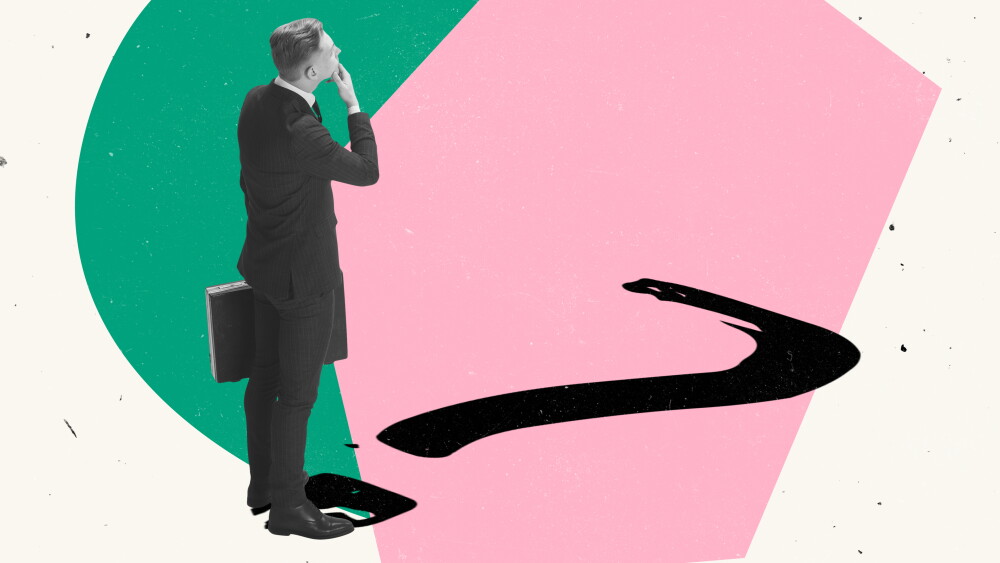 Creative design. Desperate employee, office worker standing near question mark symbolizing business struggles, options. Choosing strategy for achieving goal. Concept of business, career development