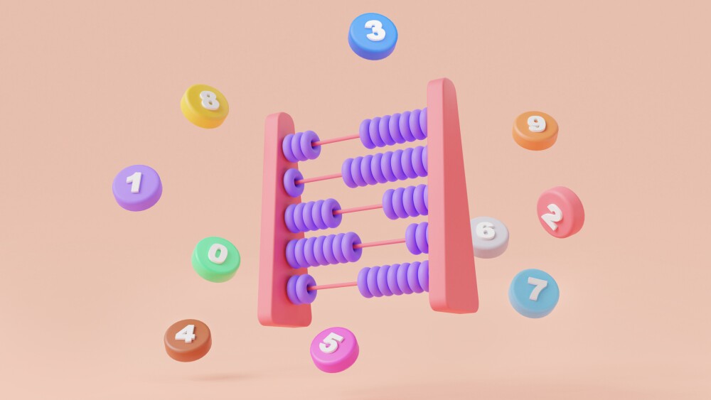 Abacus icon with colorful beads and number. Math device calculate, calculator for accounting, kids learning counting. Financial and math education concept. 3d cartoon minimal rendering illustration