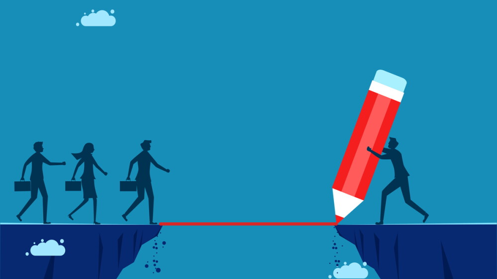 Help employees advance. Businessman draws a line as a bridge to help employees cross the cliff. vector