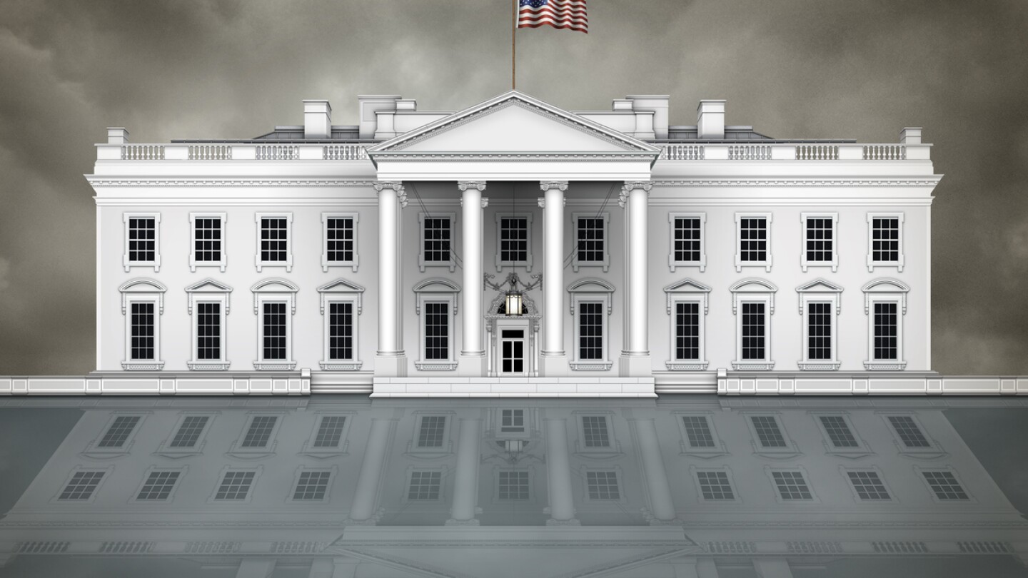 North view of the White House, with waving flag and cloudy sky, on a reflective surface that could be glass or water. 3D Illustration