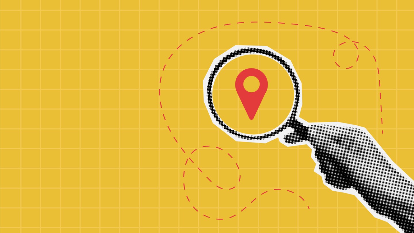 Collage illustration showing hand holding magnifying glass over location