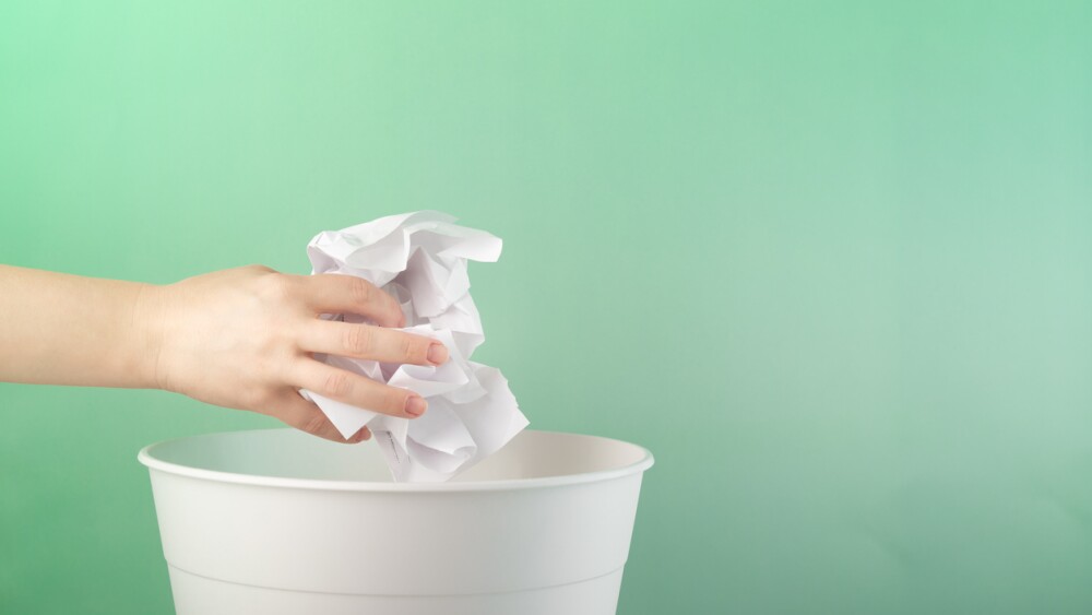 fail the exam, bad work, paper recycling, a crumpled sheet of paper is thrown into the wastebasket