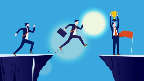 Man jumping, running, and winner holding trophy. Competition, challenge, risk and reward concept. Vector illustration.