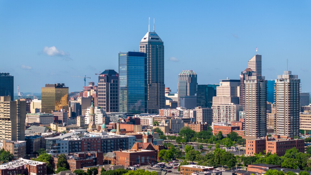 Aerial view of downtown Indianapolis skyscrapers