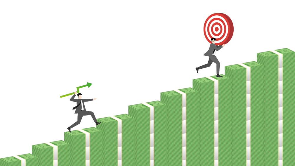 Successful businessman throwing green line graph arrow to hit target on rising banknotes bar graph for financial growth profit and cash flow investment achievement concept