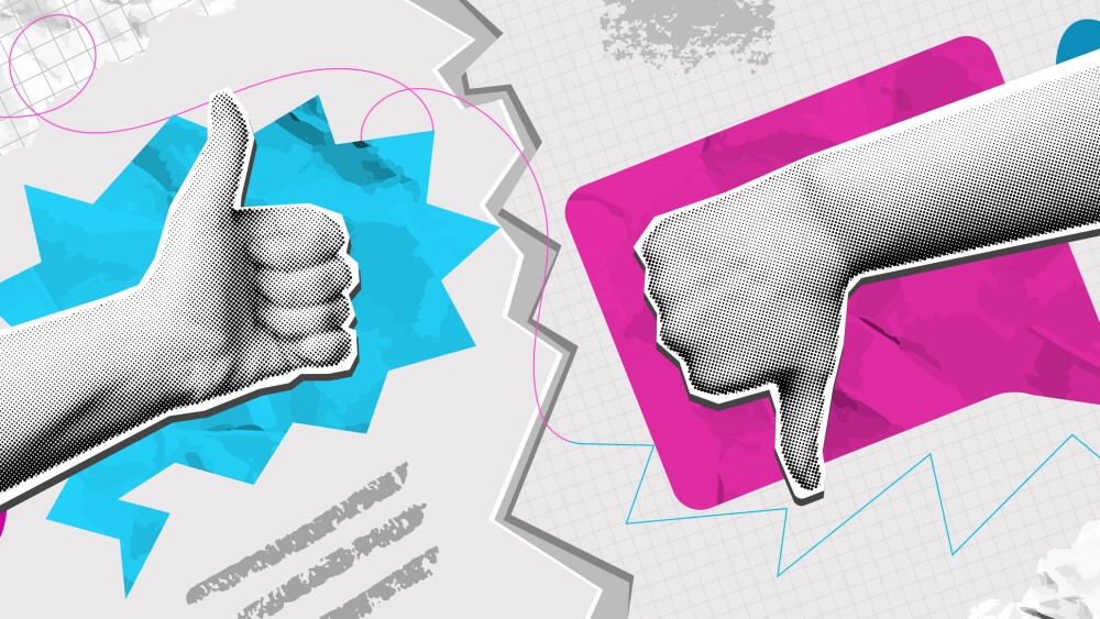 Pros and cons collage. Mixed media thumbs up and thumbs down hand gestures with speech bubbles. Review concept, positive and negative feedback vector illustration.