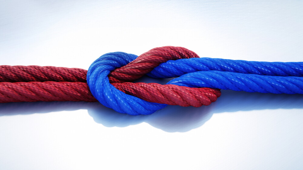 Reef knot, Square knot of red and blue rope isolated on white background