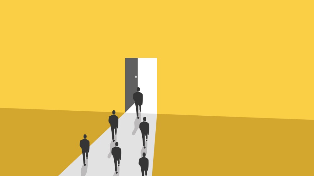 Illustration of businesspeople heading to exit