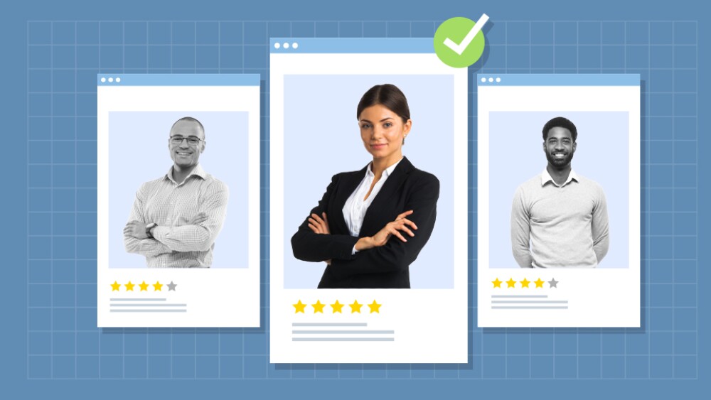 Illustration showing job candidate profiles of two men and one woman