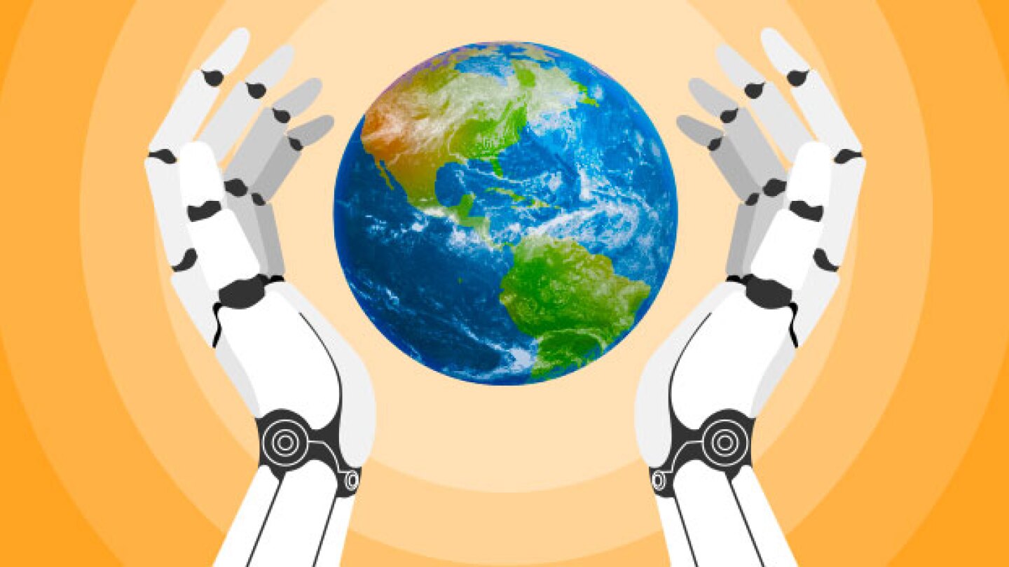 Pictured: Robot hands holding the globe