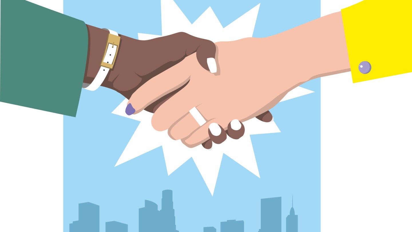 Female handshake. Flat design. Two business women in green and yellow clothes against the blue background of the metropolis shake hands