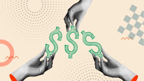 Crowdfunding concept with money icon and human hands in retro 80s collage mixed media vector illustration. Idea for financing business project, funding, philanthropy, cooperation, bank credit and startup development.