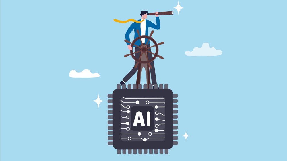 Illustration of businessman searching for something with help of AI