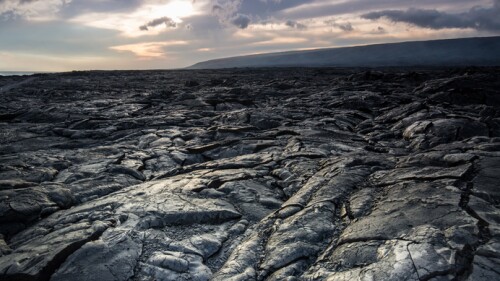Miles of lava rocks and hardened lava flow on the Big Island of Hawaii after a recent volcanic eruption