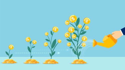 Business growth concept. Vector of a business man hand with pot watering profitable money tree