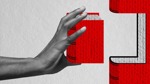Contemporary art collage. Human hand taking off book symbolizing growth of professional skills and knowledges. Education. Concept of business, office, career, creativity, growth, achievement, ad